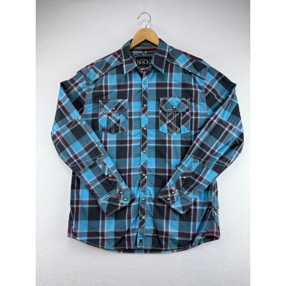Buckle Black Shirt Mens Large Blue Black Plaid‎ Western Snap Button Down Relaxed